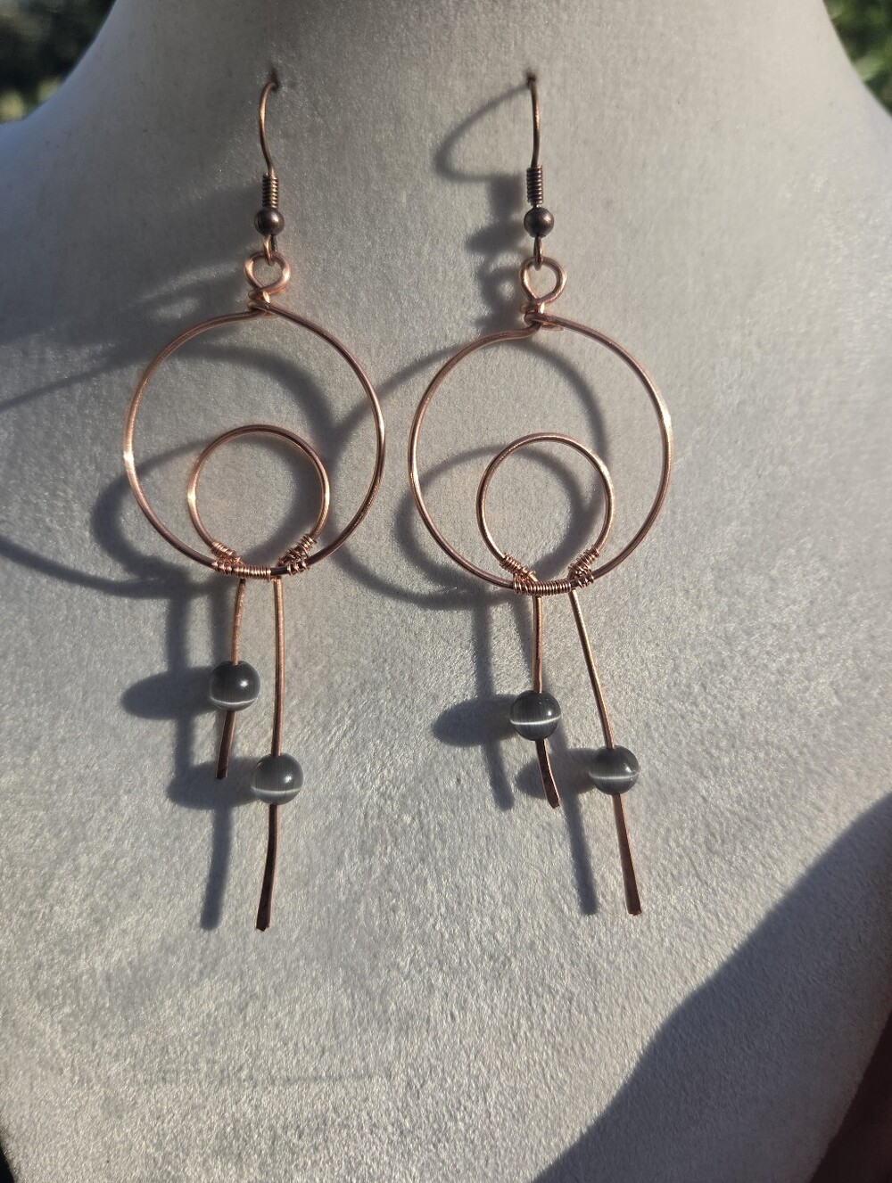 Crescent Moon Copper Earrings With Cateye Bead Accents
